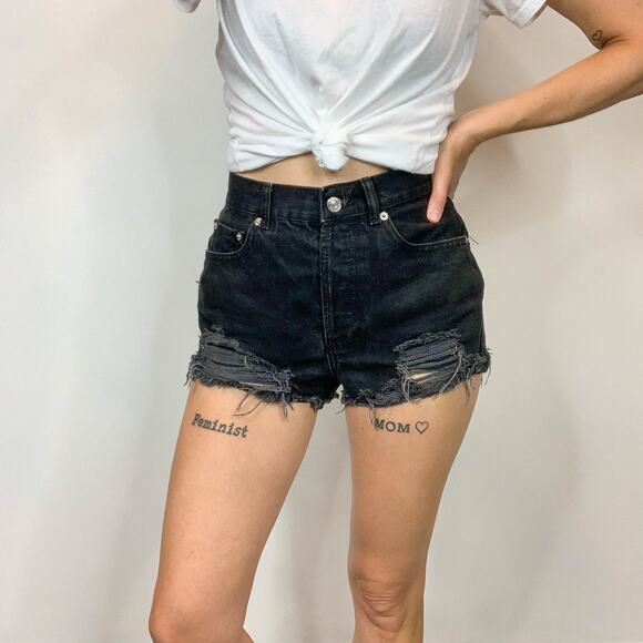 ASOS distressed denim shorts high rise black 100% cotton grunge biker 2981 - Picture 5 of 12